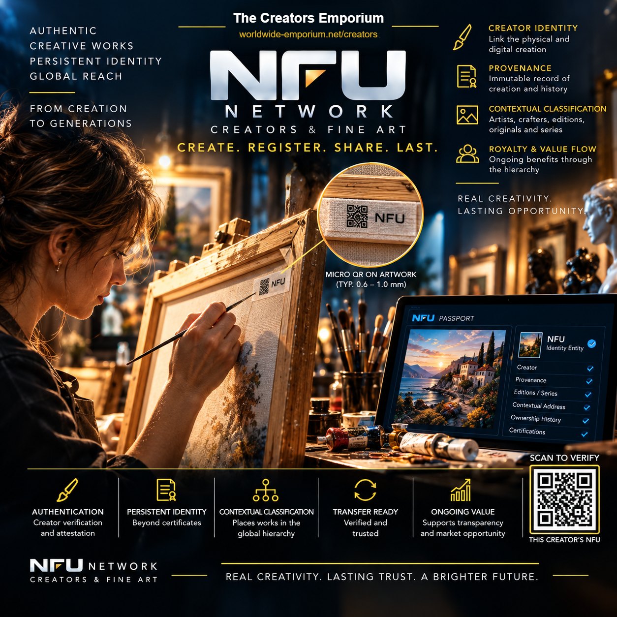 An artist at work beside a canvas carrying a small NFU QR label, with the work's NFU Passport open on a laptop